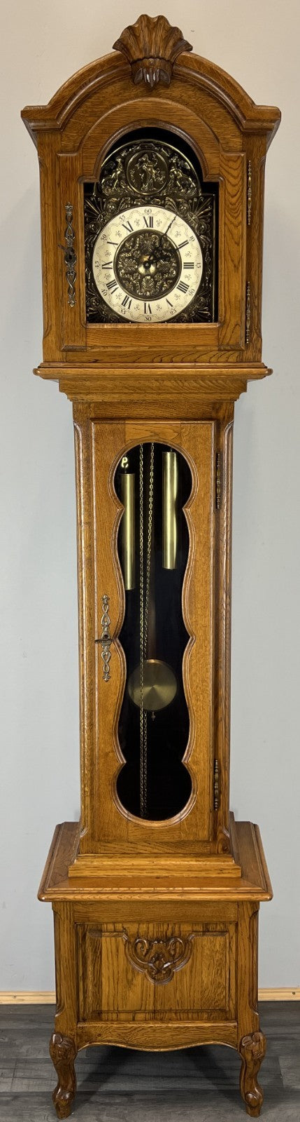 Clock Vintage French Louis Oak Longcase Grandfather Brass Dial Weights LOT 44700