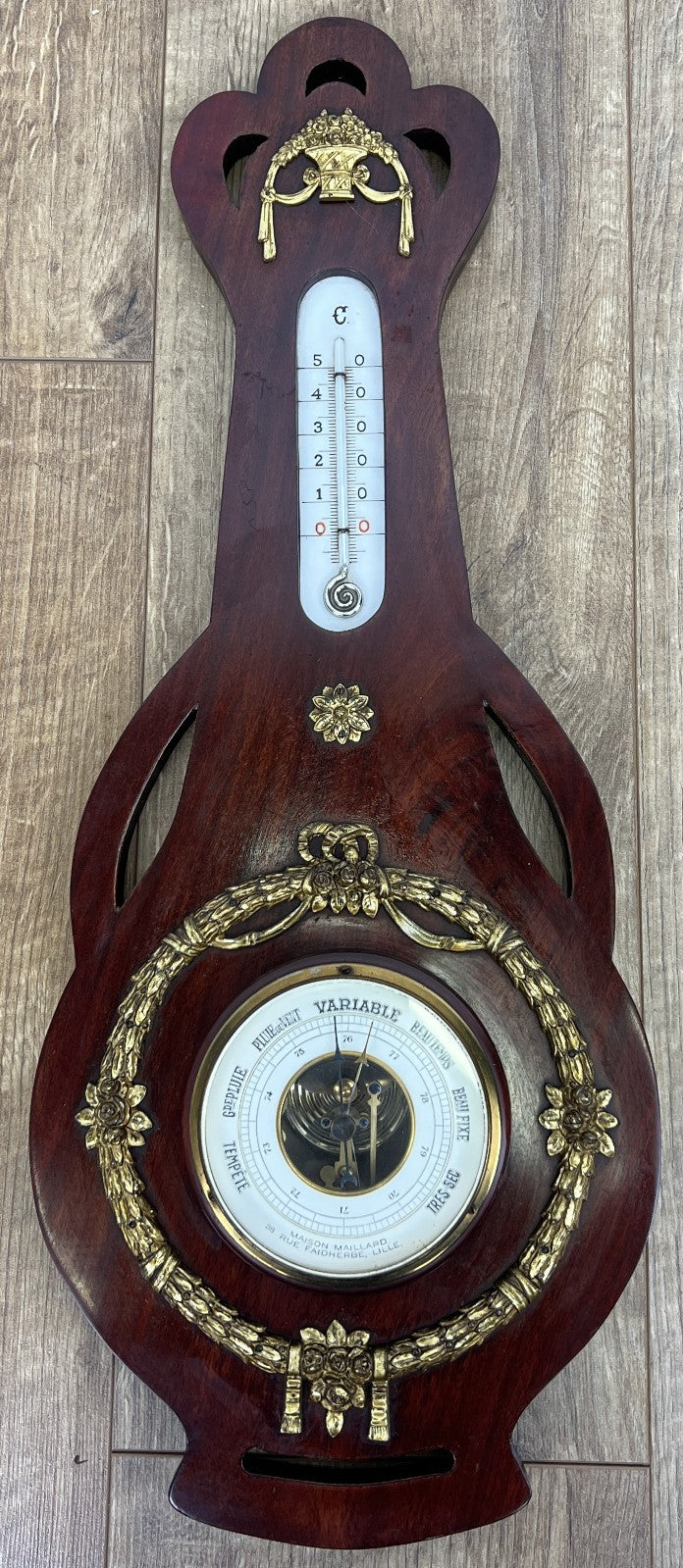 Barometer Vintage Brass Mahogany Wall Barometer Thermometer Hygrometer LOT 60861