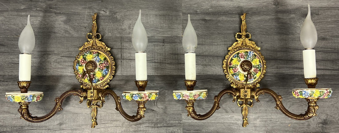 Pair of Wall Lights Vintage Spanish Porcelain Brass Floral Sconces LOT 44150