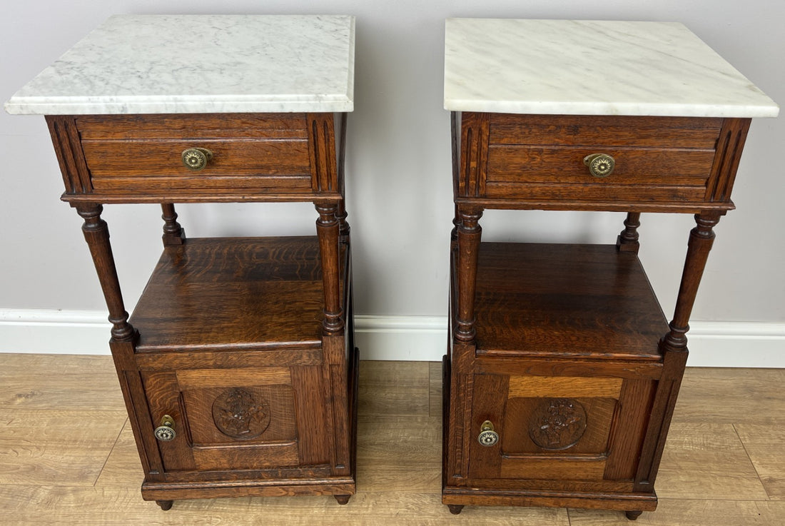 Pair of Bedside Tables Antique French Marble Top Carved Oak Cabinets LOT 60930