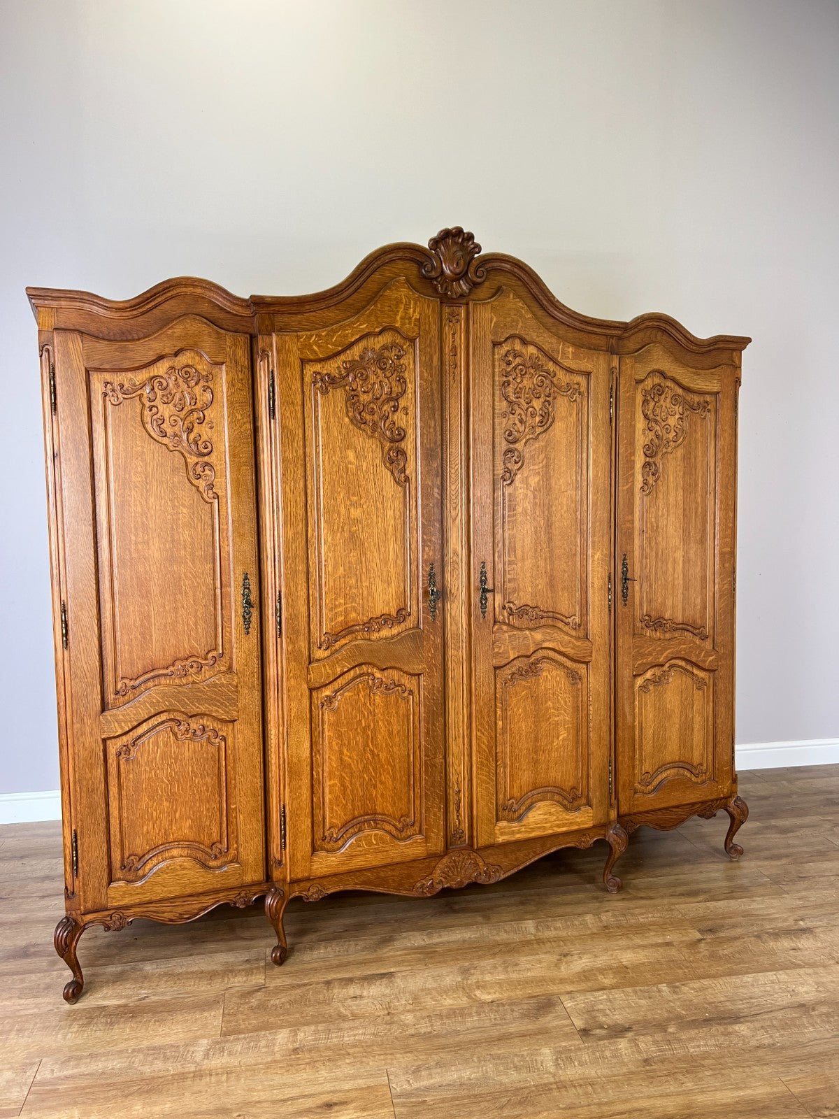Wardrobe Vintage French Louis XVI Style Oak Four Door Carved Armoire LOT 6496