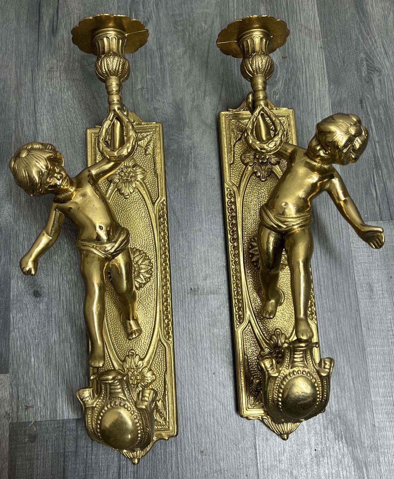 Wall Candle Holder Vintage French Style Sconce Pair Brass Cherub LOT 46651