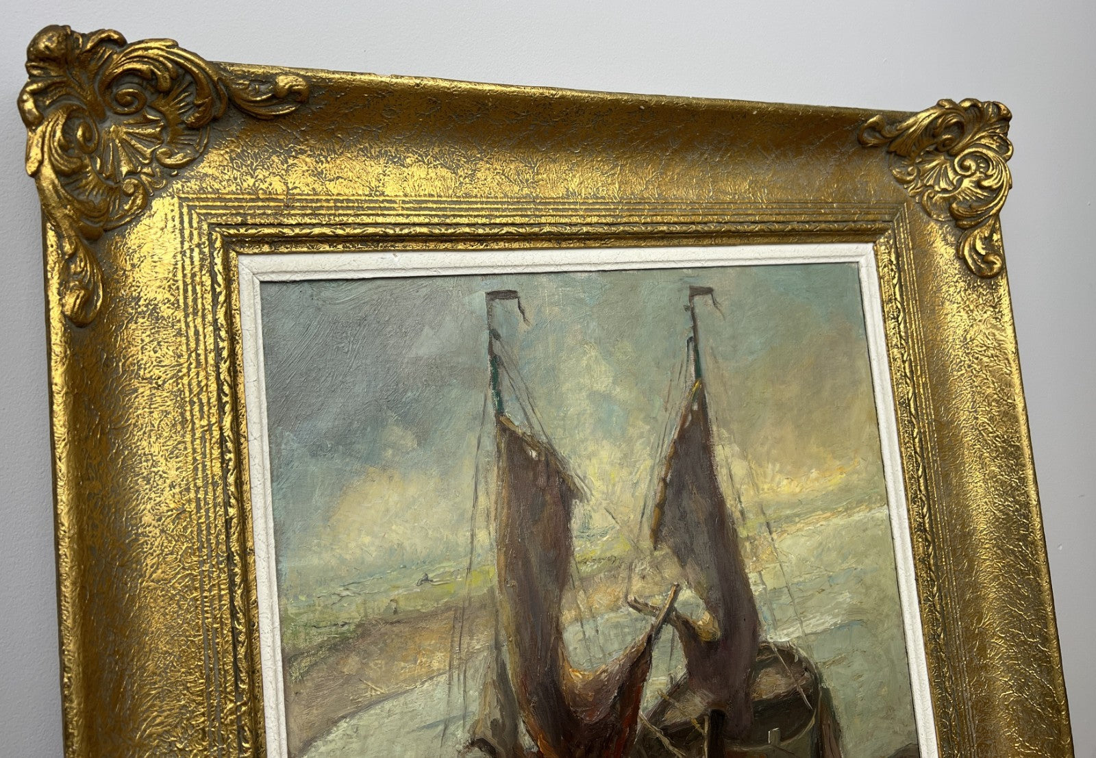 Oil Painting Vintage French Style Signed Coastal Boats Artwork Framed LOT 494211