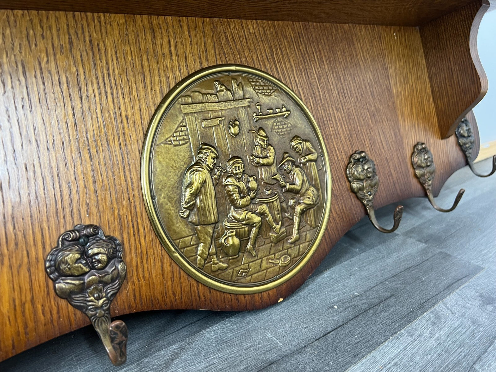 French Antique Coat Rack 6 Hooks Wall Shelf Carved Wood Coat Hanger LOT 22766