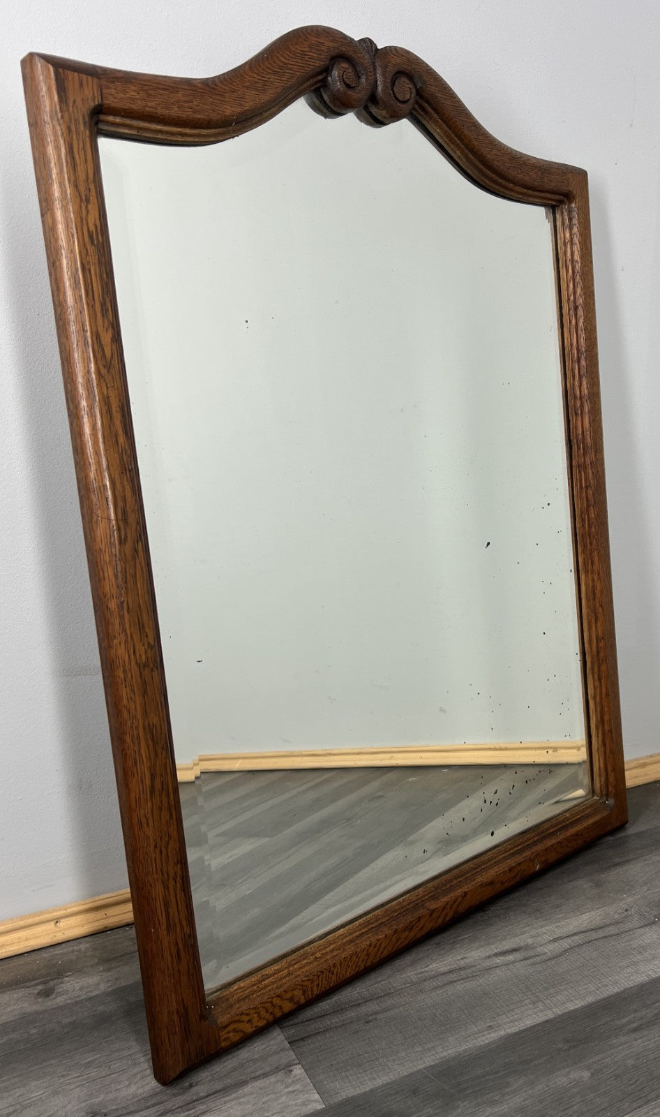 Vintage French Oak Wall Mirror with Carved Scroll Crest Wall Decor LOT 43790