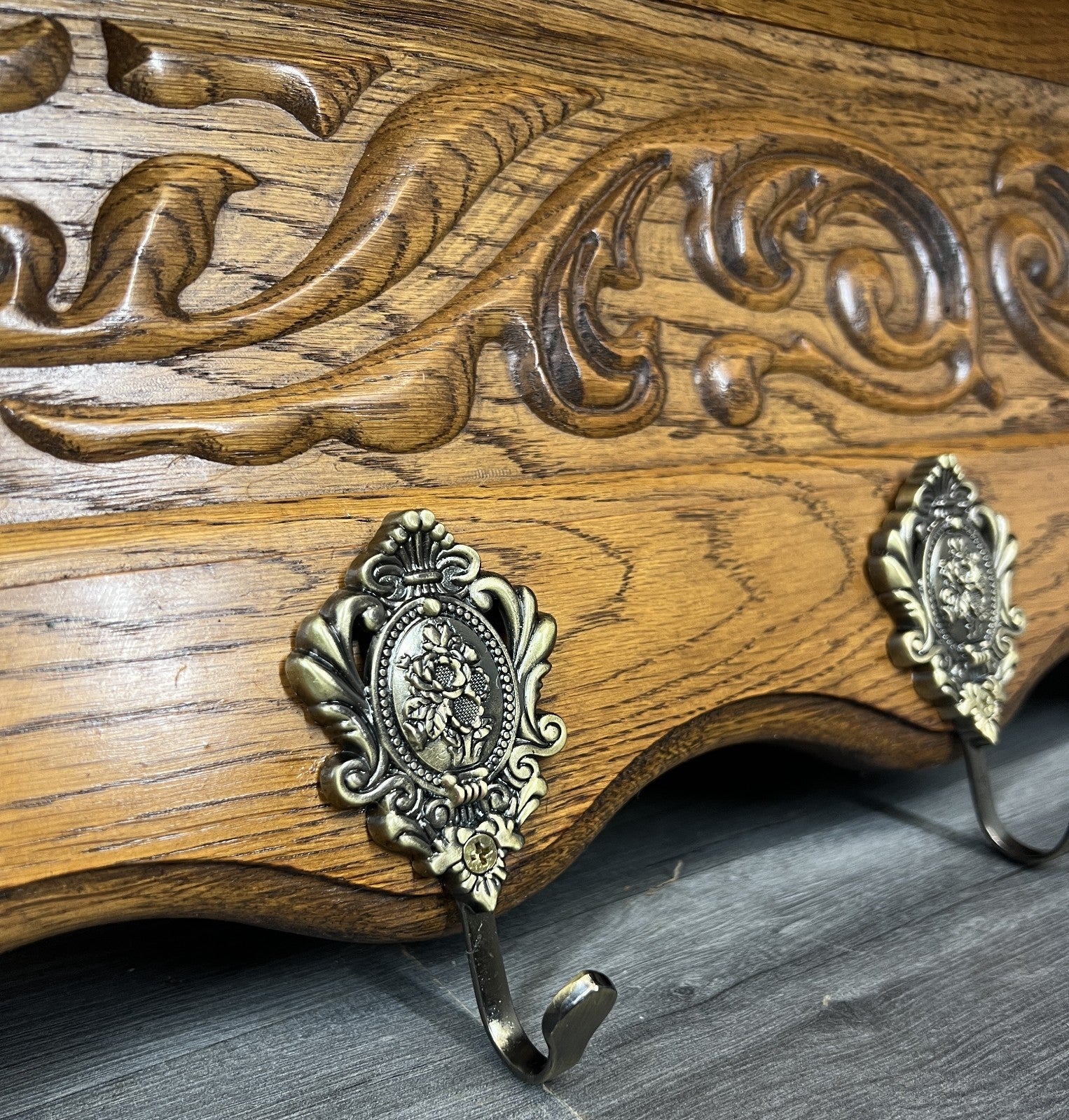 French Vintage Coat Rack Oak 7 Hooks Wall Shelf Carved Coat Hanger LOT 44936