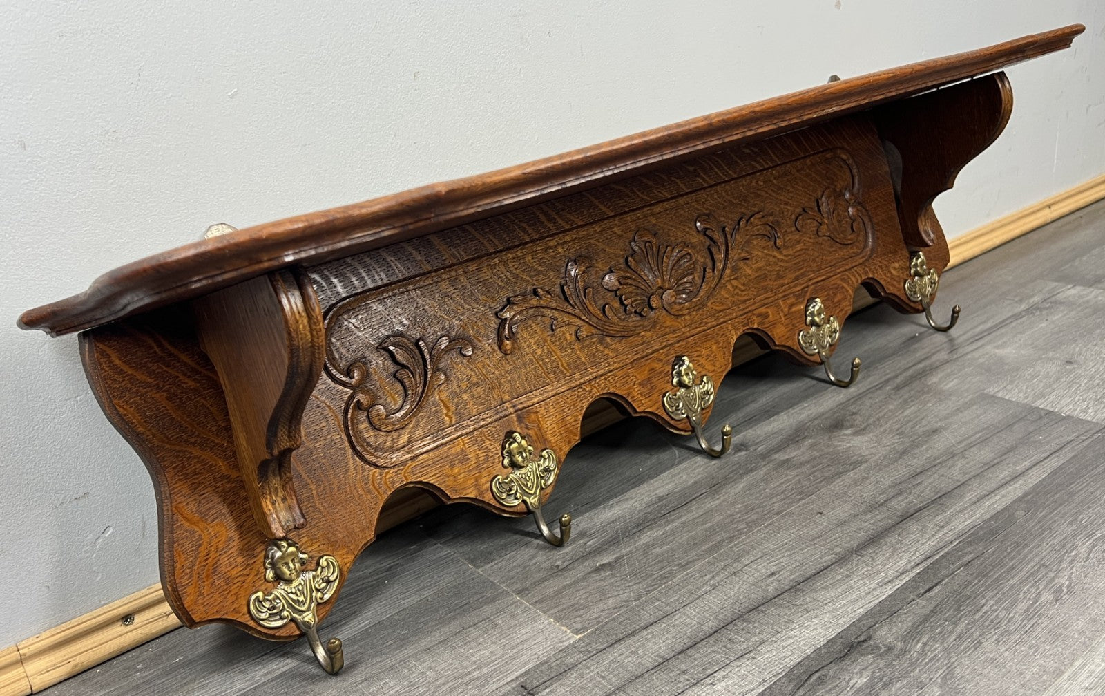 French Vintage Coat Rack Oak 5 Hooks Wall Shelf Carved Coat Hanger LOT 443510