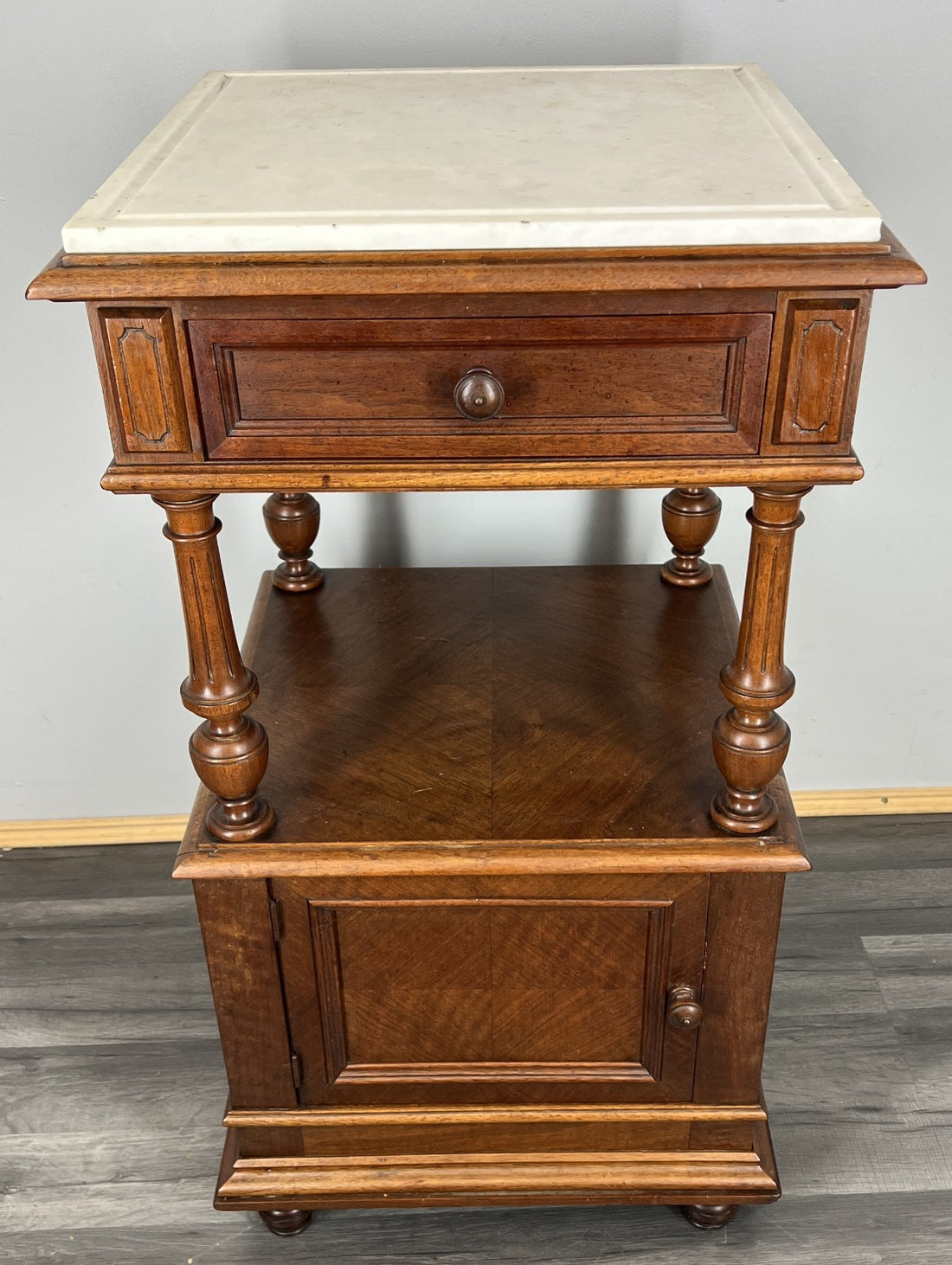 Bedside Table Antique French Walnut Marble Top Cabinet Nightstand LOT 44490