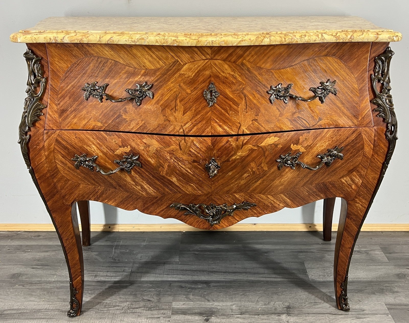 Chest of Drawers Antique French Bombe Walnut Marble Top Carved Cabinet LOT 47064