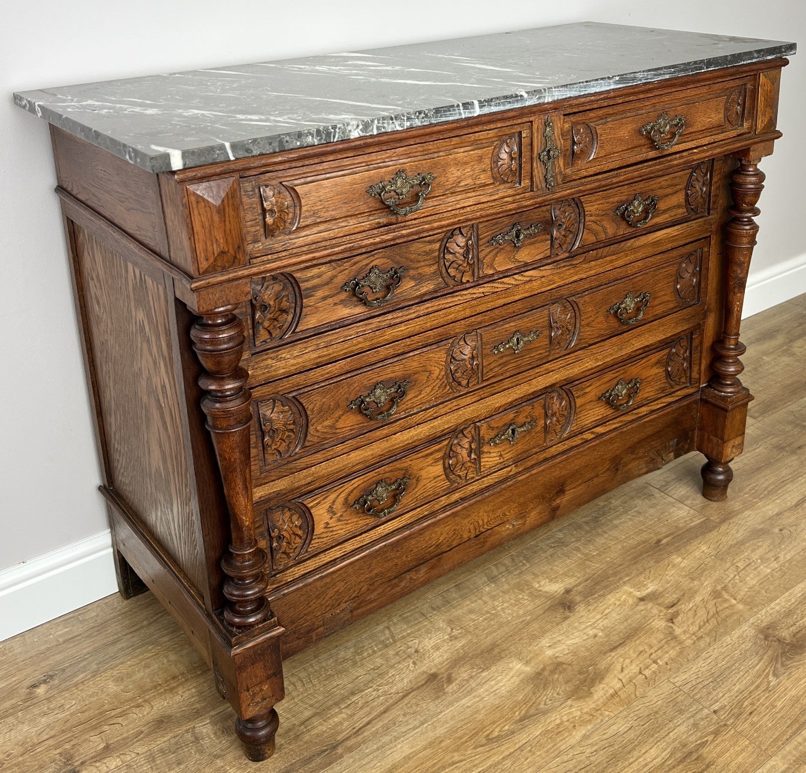 Chest of Drawers Antique French Style Marble Top Walnut Cabinet LOT 60772