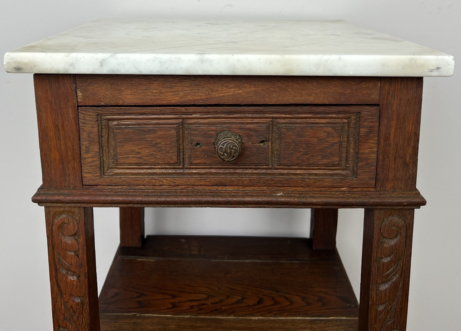 Bedside Table Antique French Marble Top Oak Cabinet Carved Cupboard LOT 63523