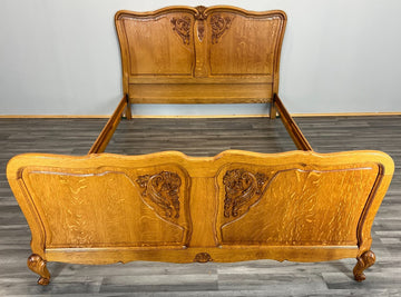 Bed Antique French Louis XVI Oak Double Bed Frame Carved Headboard LOT 36620