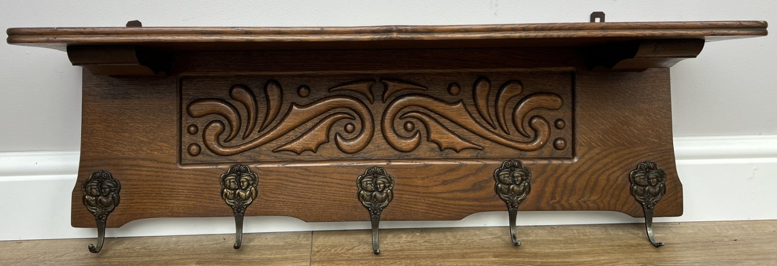 Coat Rack Vintage French Oak Wall Mounted 5 Hooks Carved Rack Hanger LOT 63021