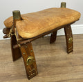 Footstool Vintage Style Oak Stool Brass Upholstered Leather Seat LOT 49574