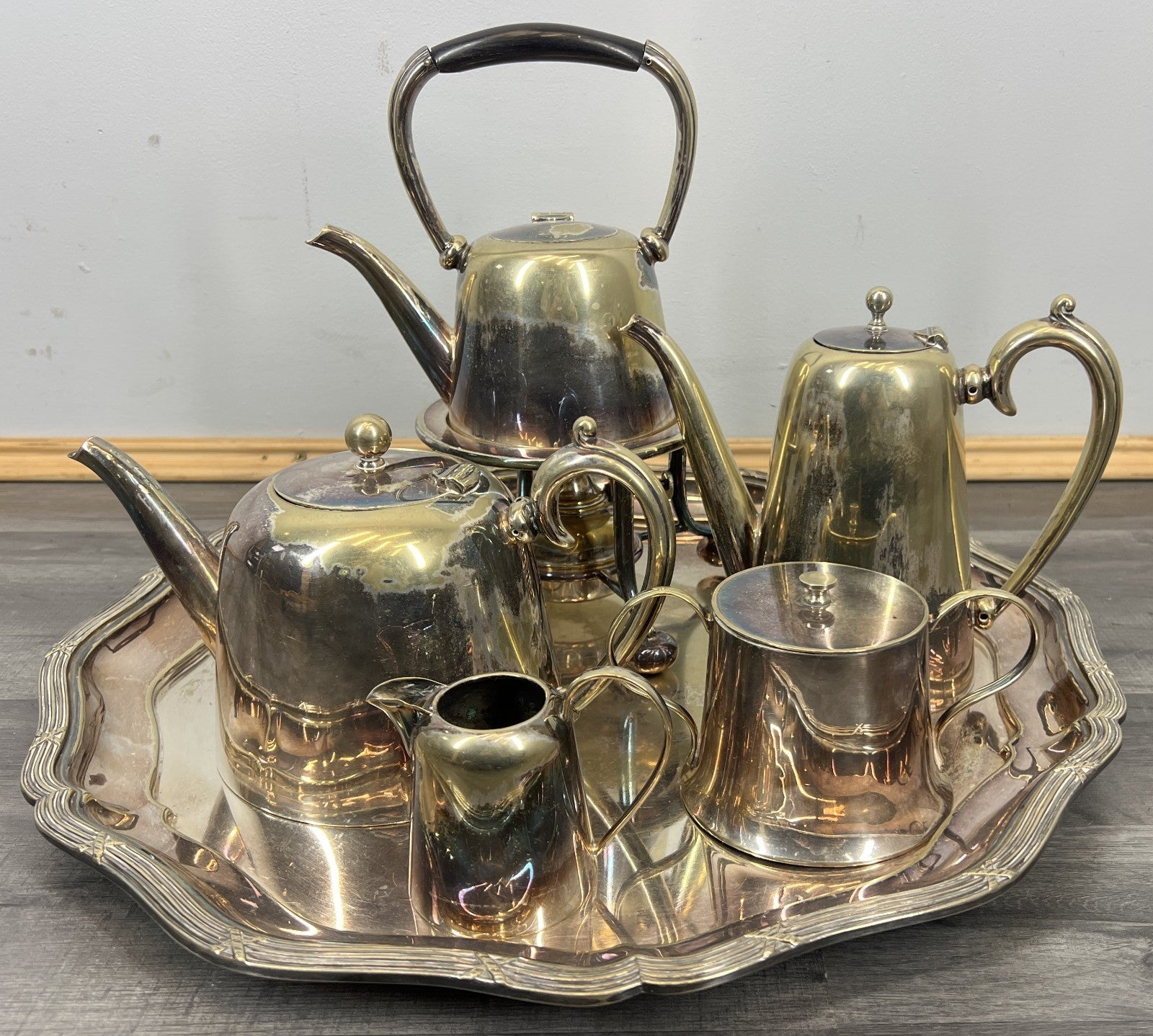 Vintage French Tea and Coffee Set Silver Plated 6-Piece with Tray LOT 44170