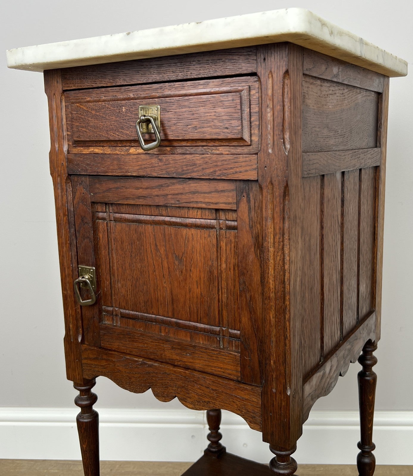 Bedside Table Antique French Style Marble Top Oak Cabinet Nightstand LOT 62464