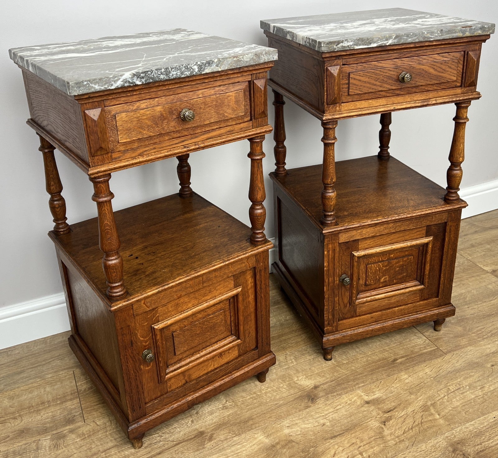 Pair of Bedside Tables Antique French Marble Top Carved Oak Cabinets LOT 49172