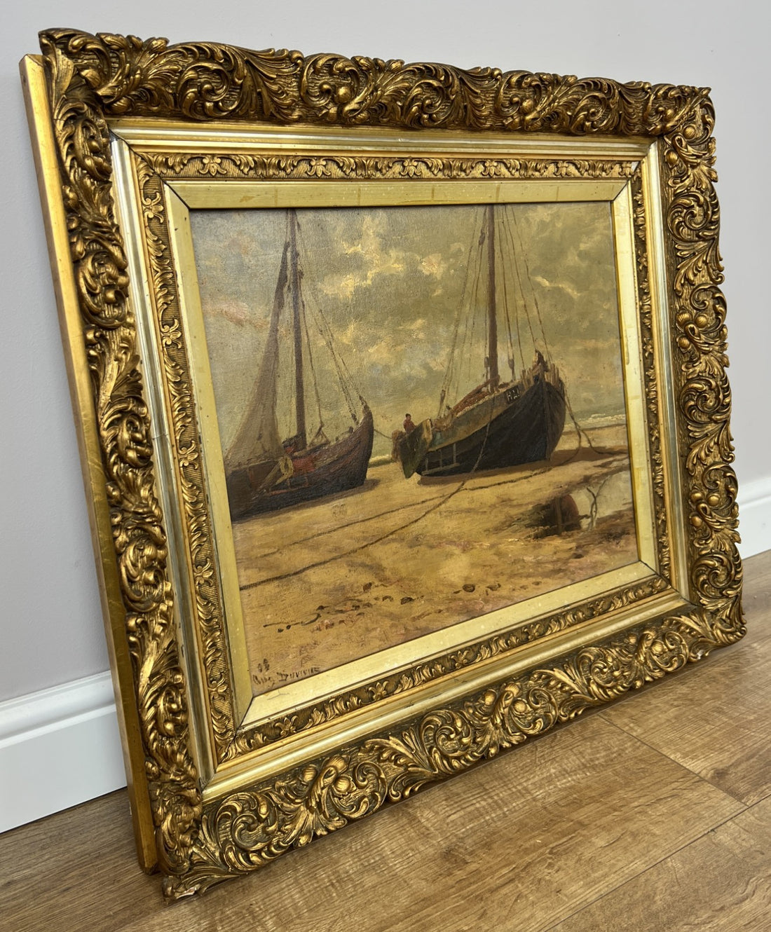Oil Painting Vintage French Signed Coastal Boats Scene Framed Artwork LOT 49410