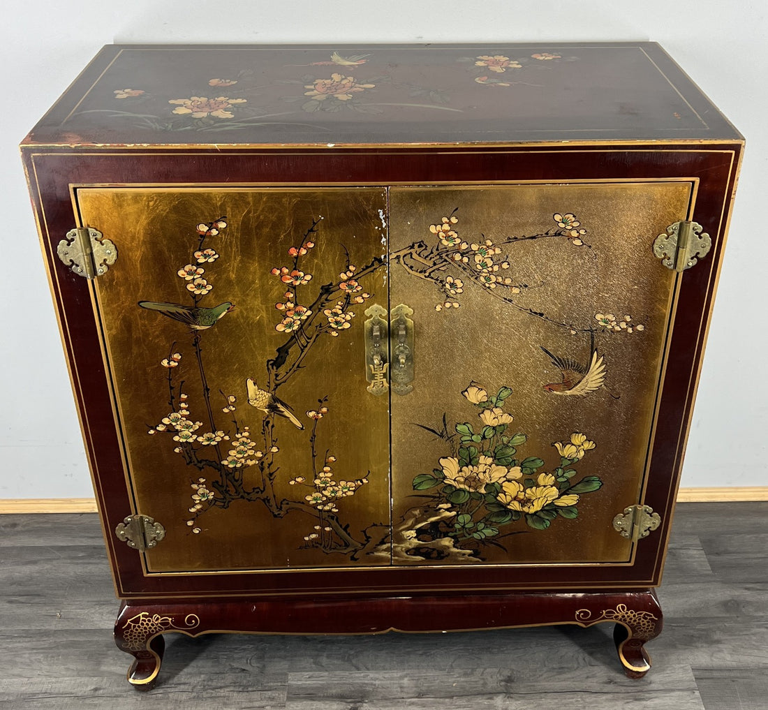 Cabinet Vintage Chinese Hand Painted Floral Bird Lacquer Sideboard LOT 43960