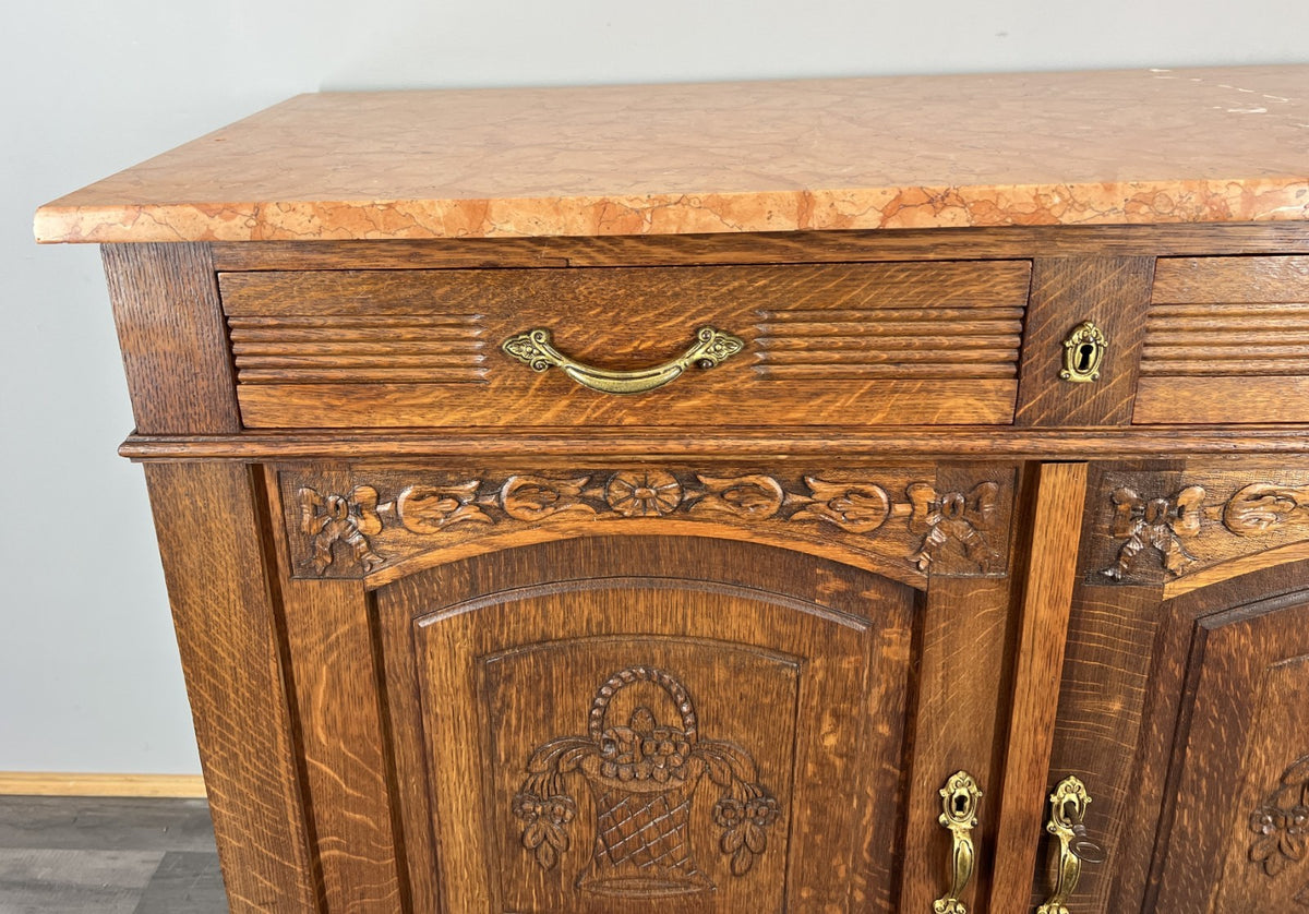 Cabinet Antique French Marble Top Oak Carved with Drawers Sideboard LOT 4070