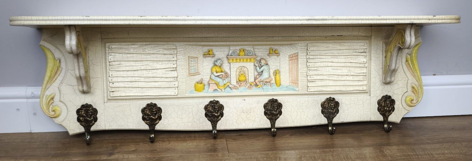 Vintage Shabby Chic Coat Rack 6 Hooks Wall Shelf Carved Coat Hanger LOT 49962