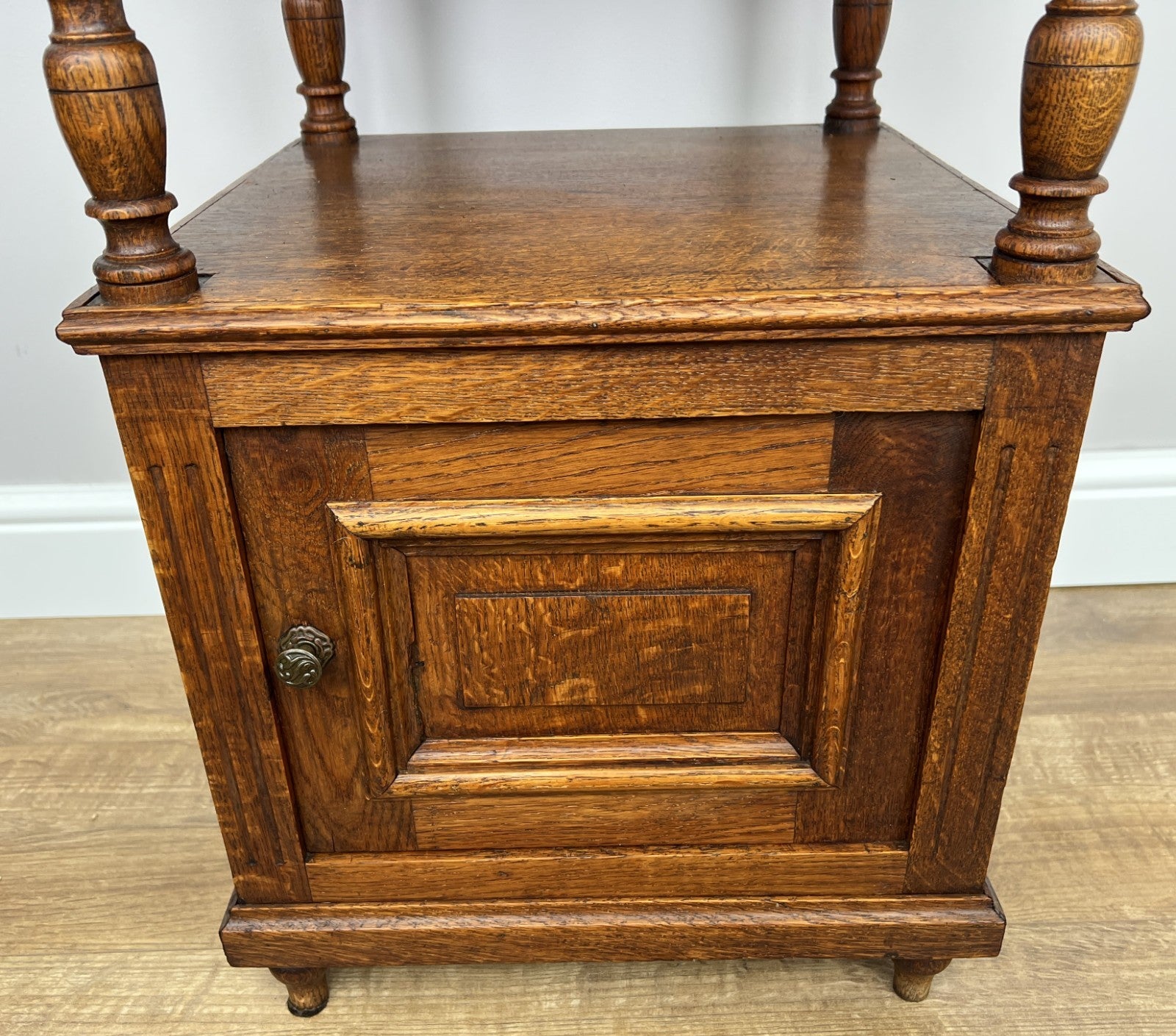 Pair of Bedside Tables Antique French Marble Top Carved Oak Cabinets LOT 49176