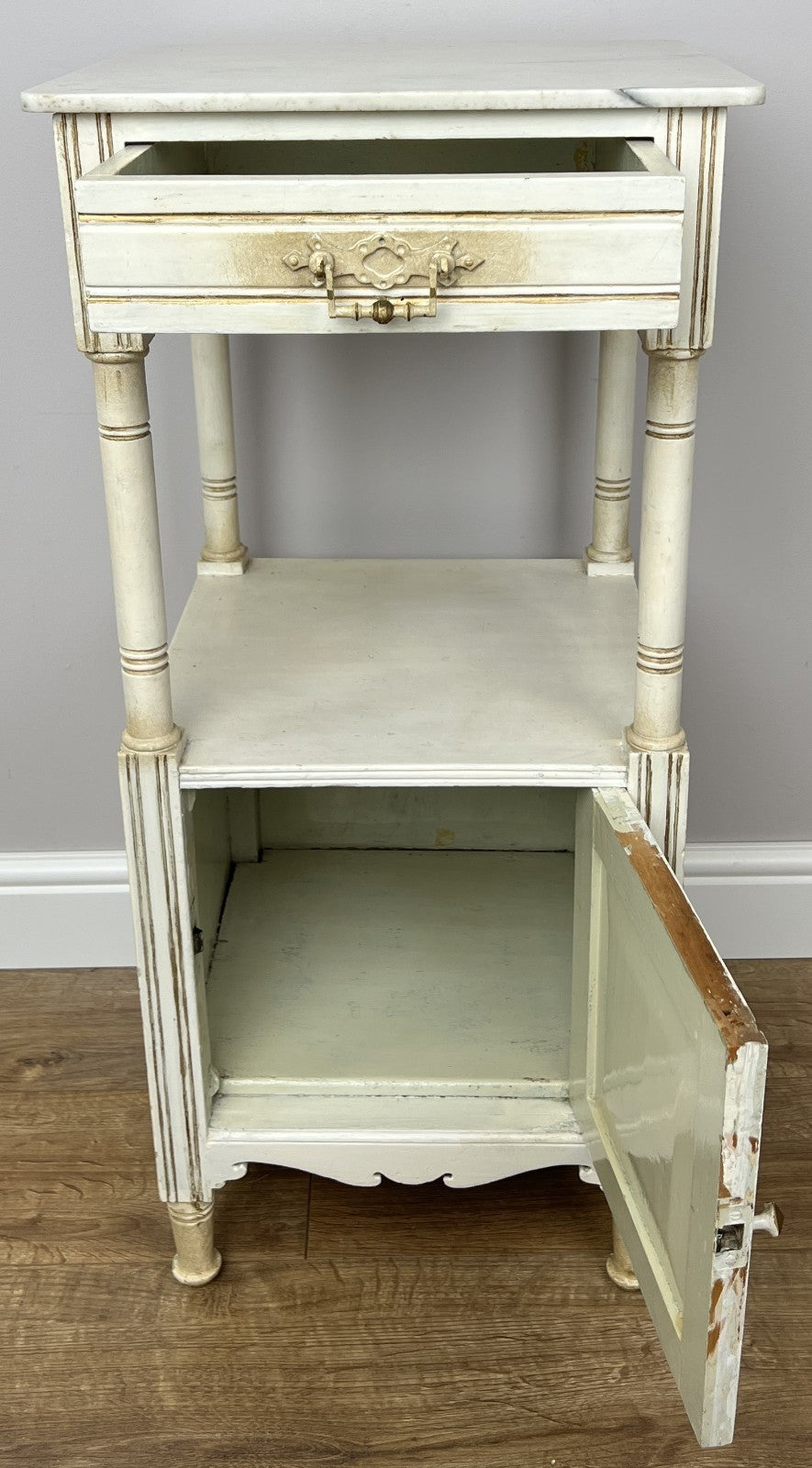 Bedside Table Antique French Style Marble Top Oak Cabinet Nightstand LOT 622411