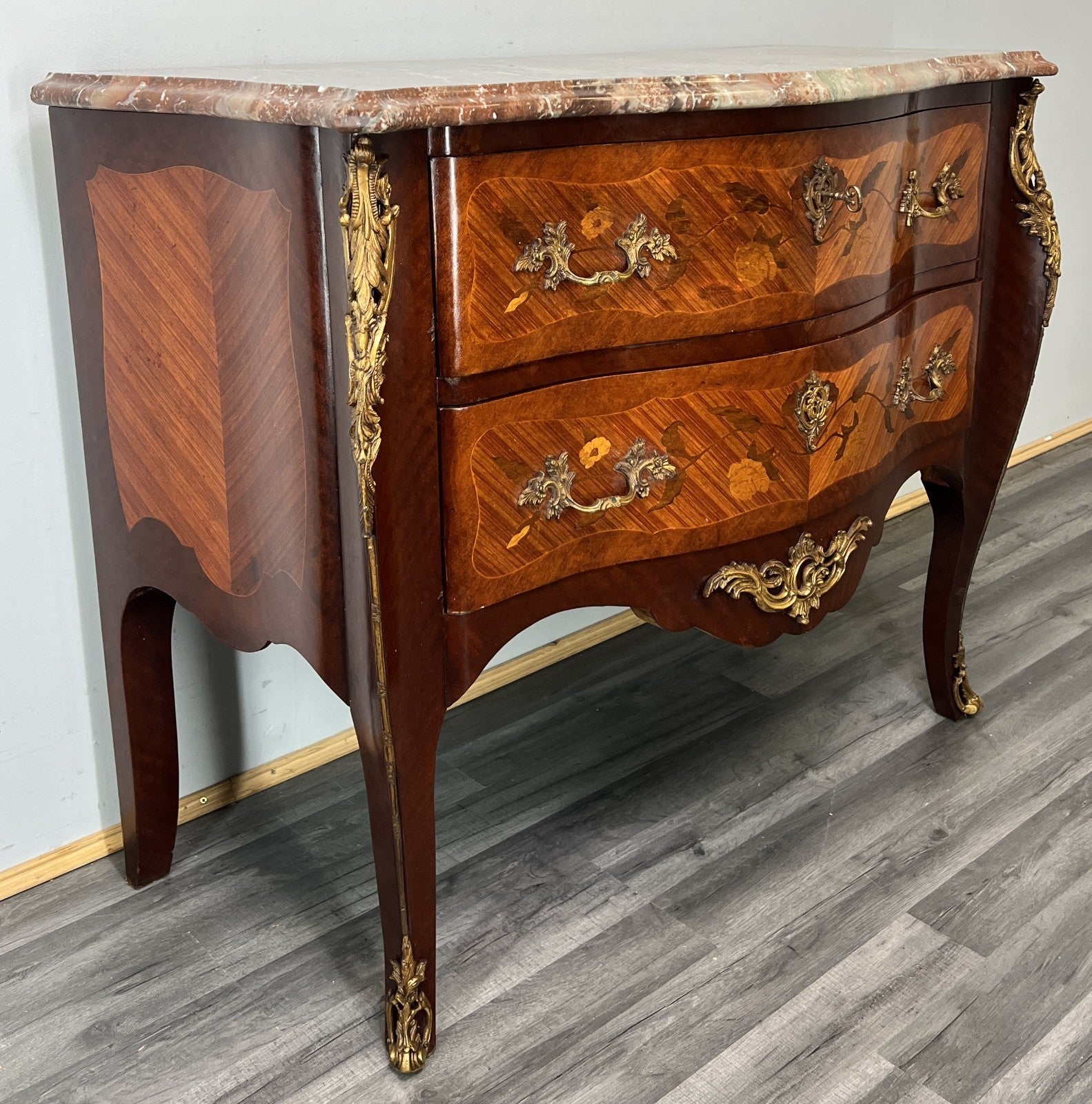 Chest of Drawers Vintage French Style Marble Top Walnut Cabinet LOT 47812