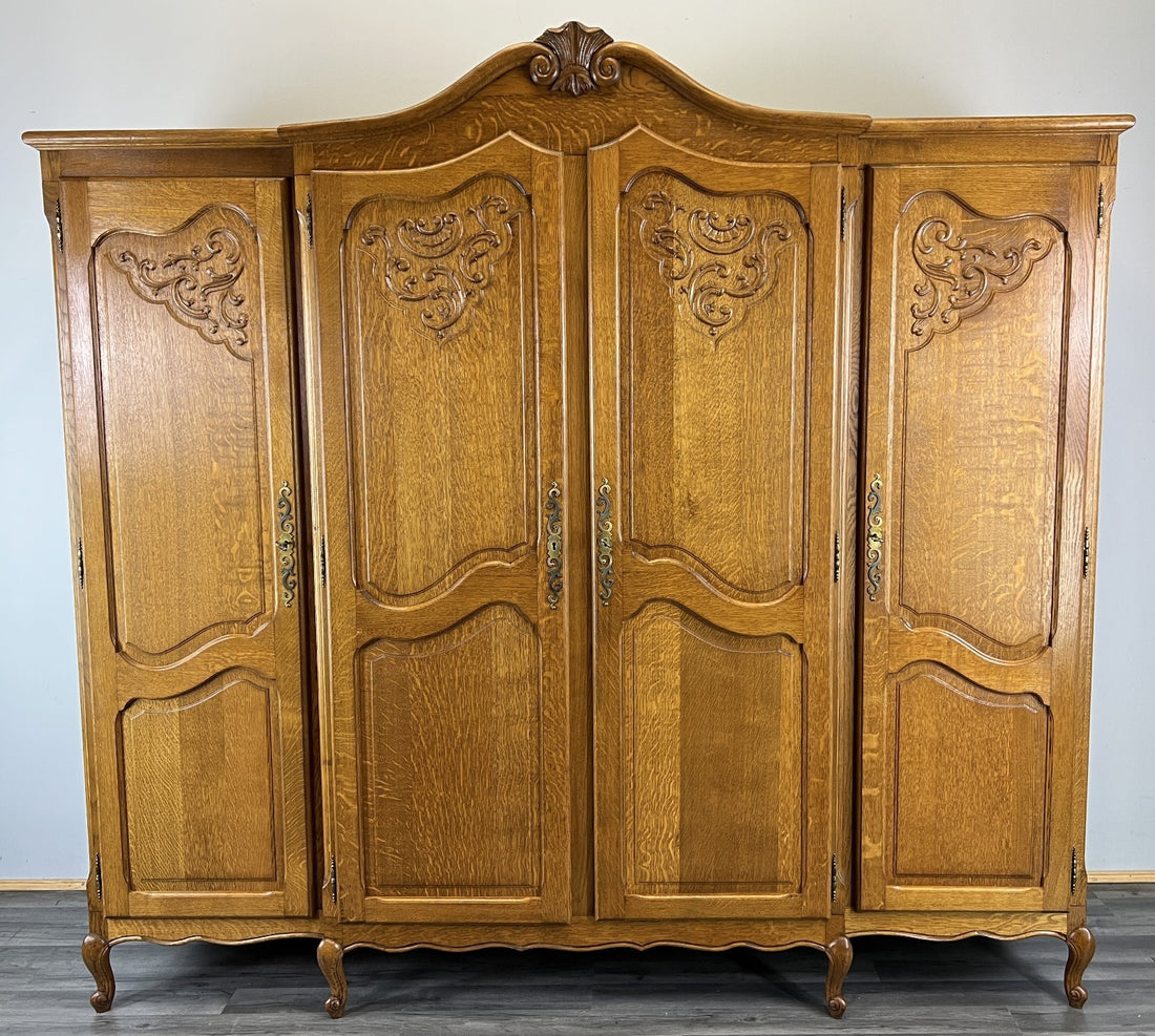 Wardrobe Vintage French Louis XVI Style Oak Four Door Carved Armoire LOT 48110