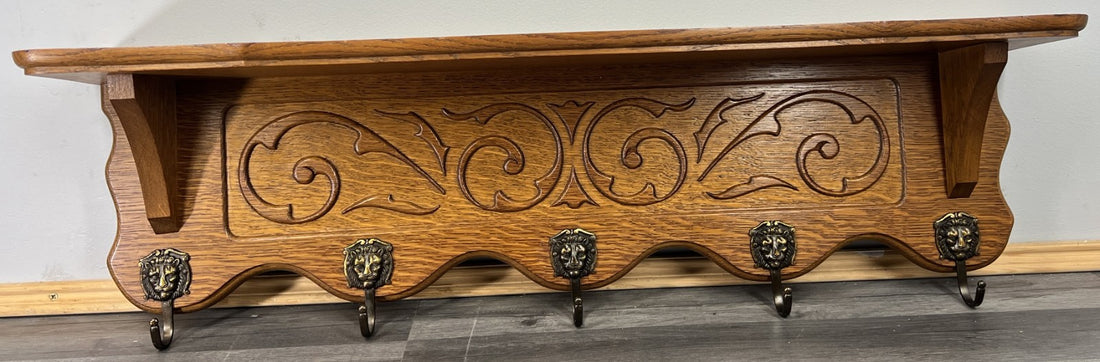 French Vintage Style Coat Rack Oak 5 Hooks Ornate Wall Shelf Coat LOT 47220