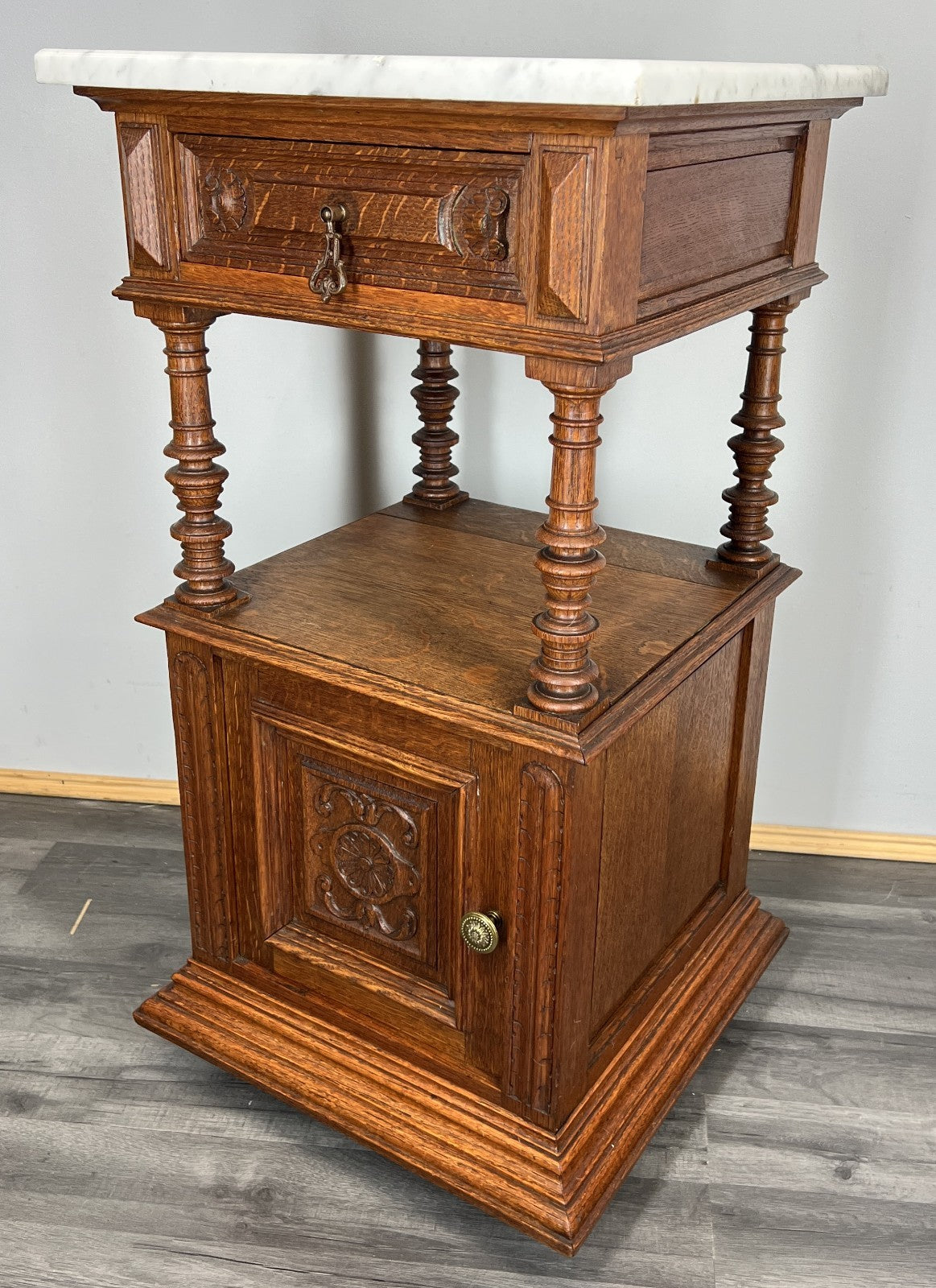 Pair of Bedside Tables Antique French Marble Top Oak Cabinets Carved LOT 43296