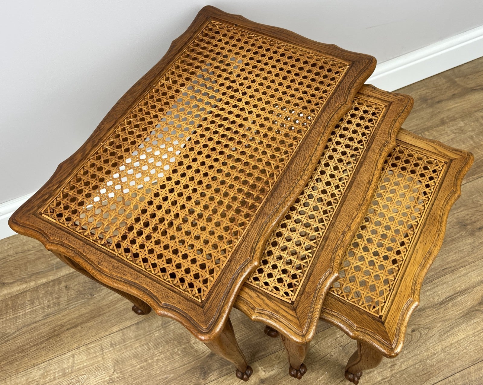 Vintage French Louis Oak Cane Set of Three Nested Carved Tables LOT 49093