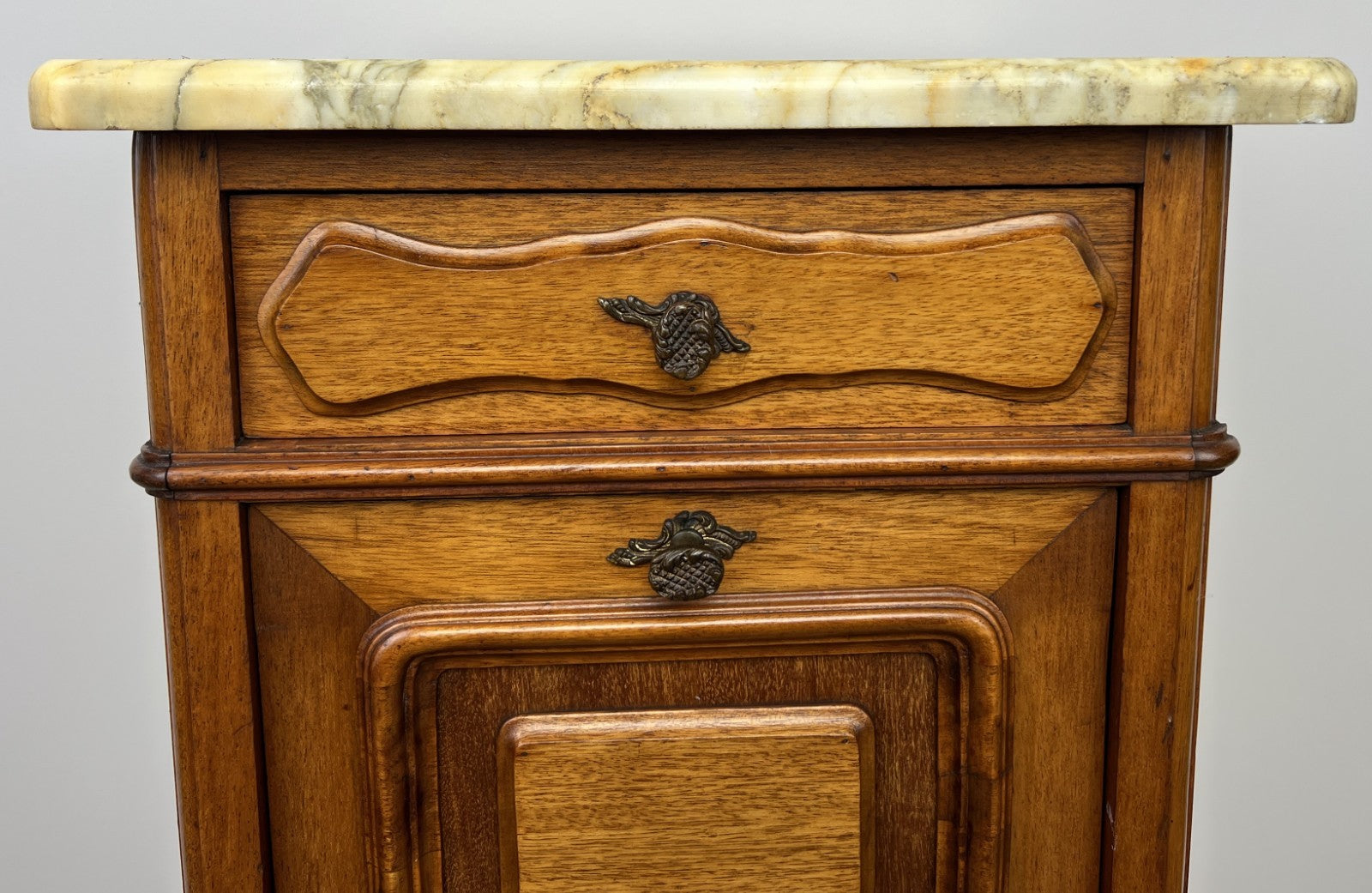 Pair of  Bedside Tables Antique French Louis Walnut Marble Top Cabinets LOT 48944