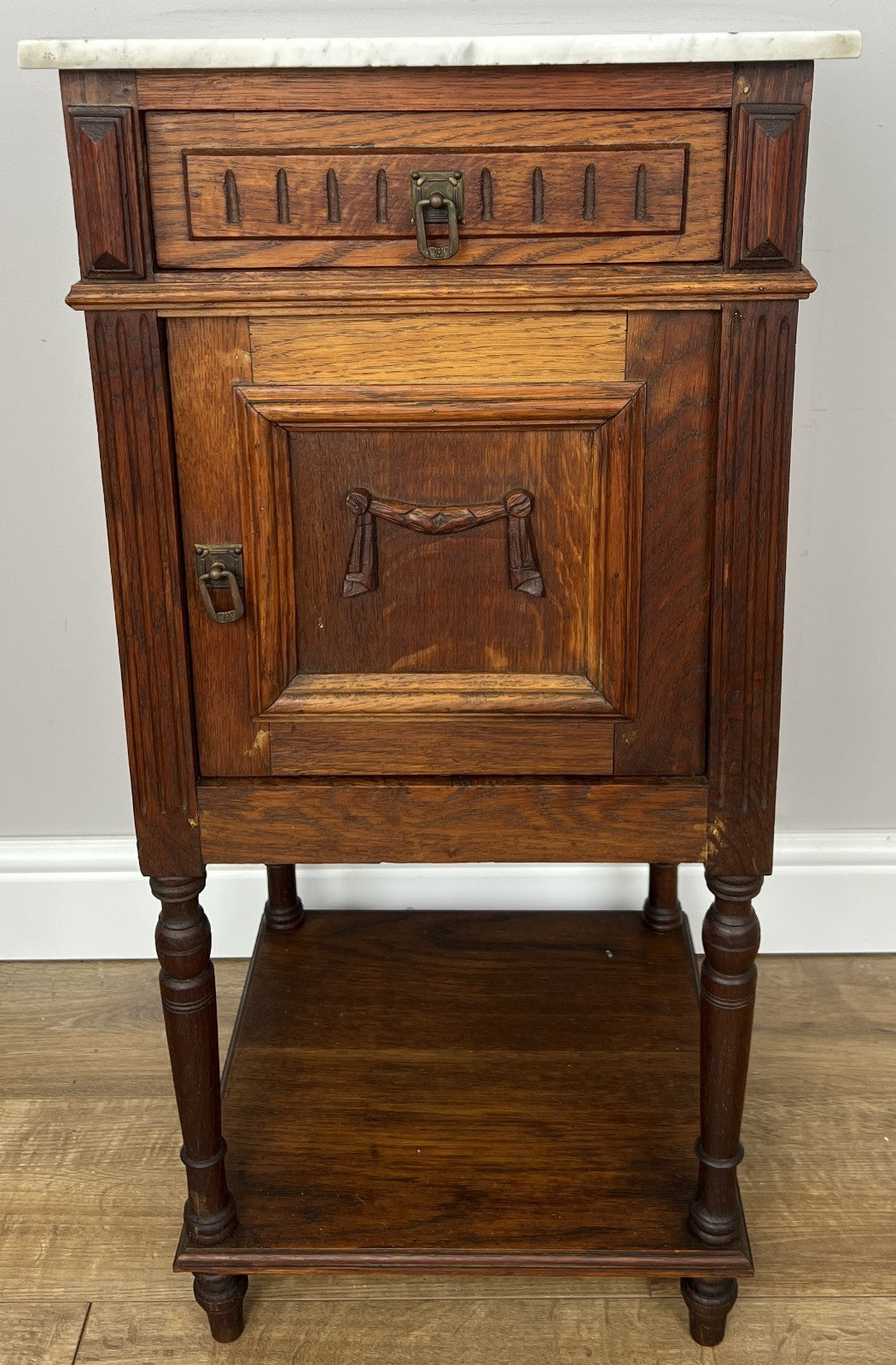 Bedside Table Antique French Oak Marble Top Cupboard Carved Cabinet LOT 60130