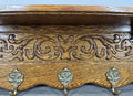 French Vintage Coat Rack Oak 5 Hooks Ornate Wall Shelf Carved Coat LOT 44435
