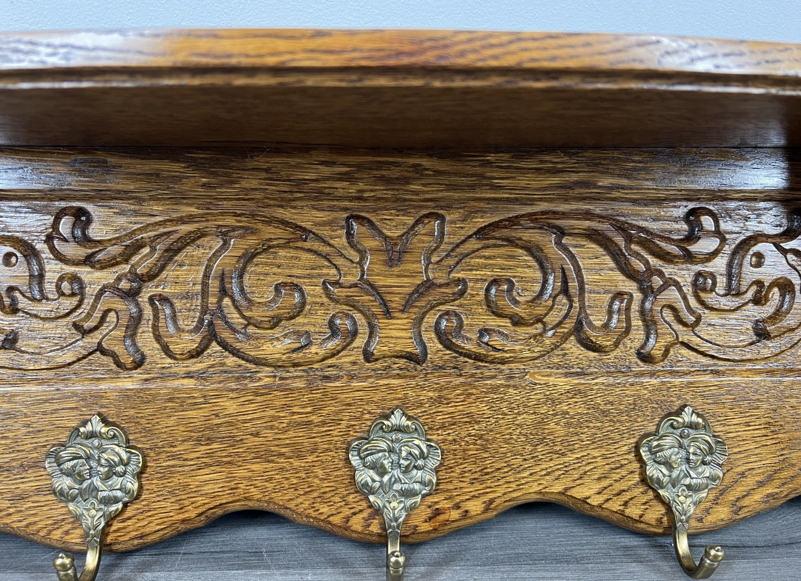 French Vintage Coat Rack Oak 5 Hooks Ornate Wall Shelf Carved Coat LOT 44435