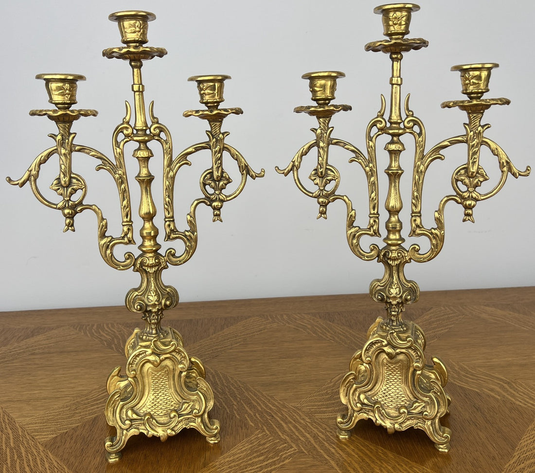 Candelabras Vintage French Brass Pair Ornate 3 Arm Candle Holders LOT 60450