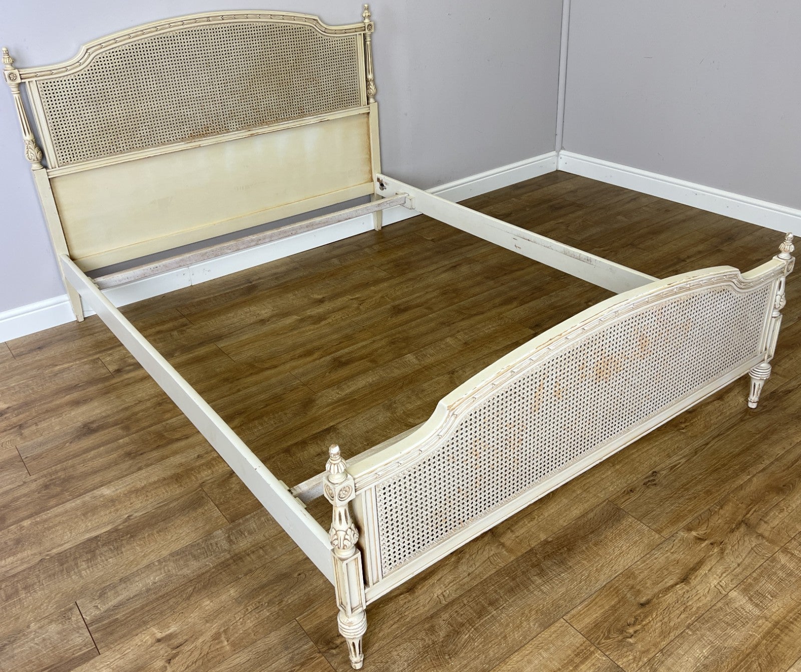 Bed Vintage French King Size Bed Frame Cane Panel Carved Headboard LOT 64103