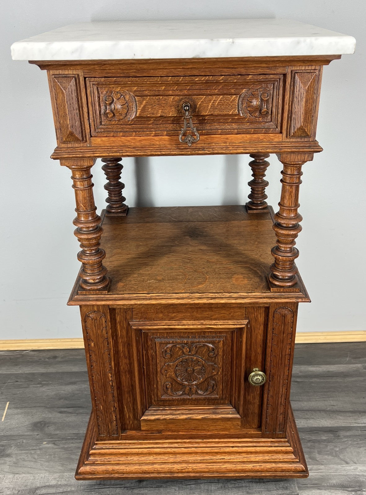 Pair of Bedside Tables Antique French Marble Top Oak Cabinets Carved LOT 43293