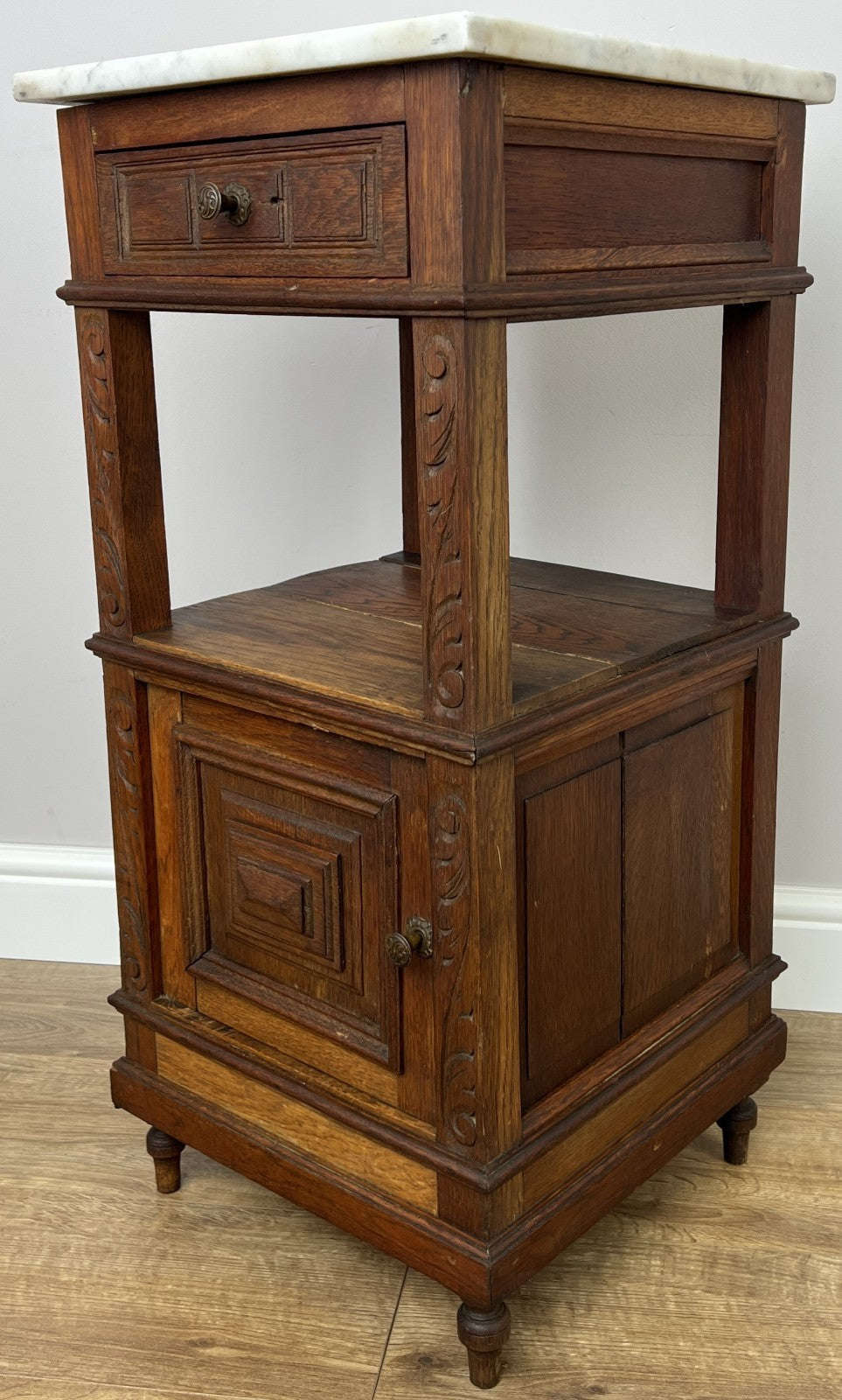 Bedside Table Antique French Marble Top Oak Cabinet Carved Cupboard LOT 63521