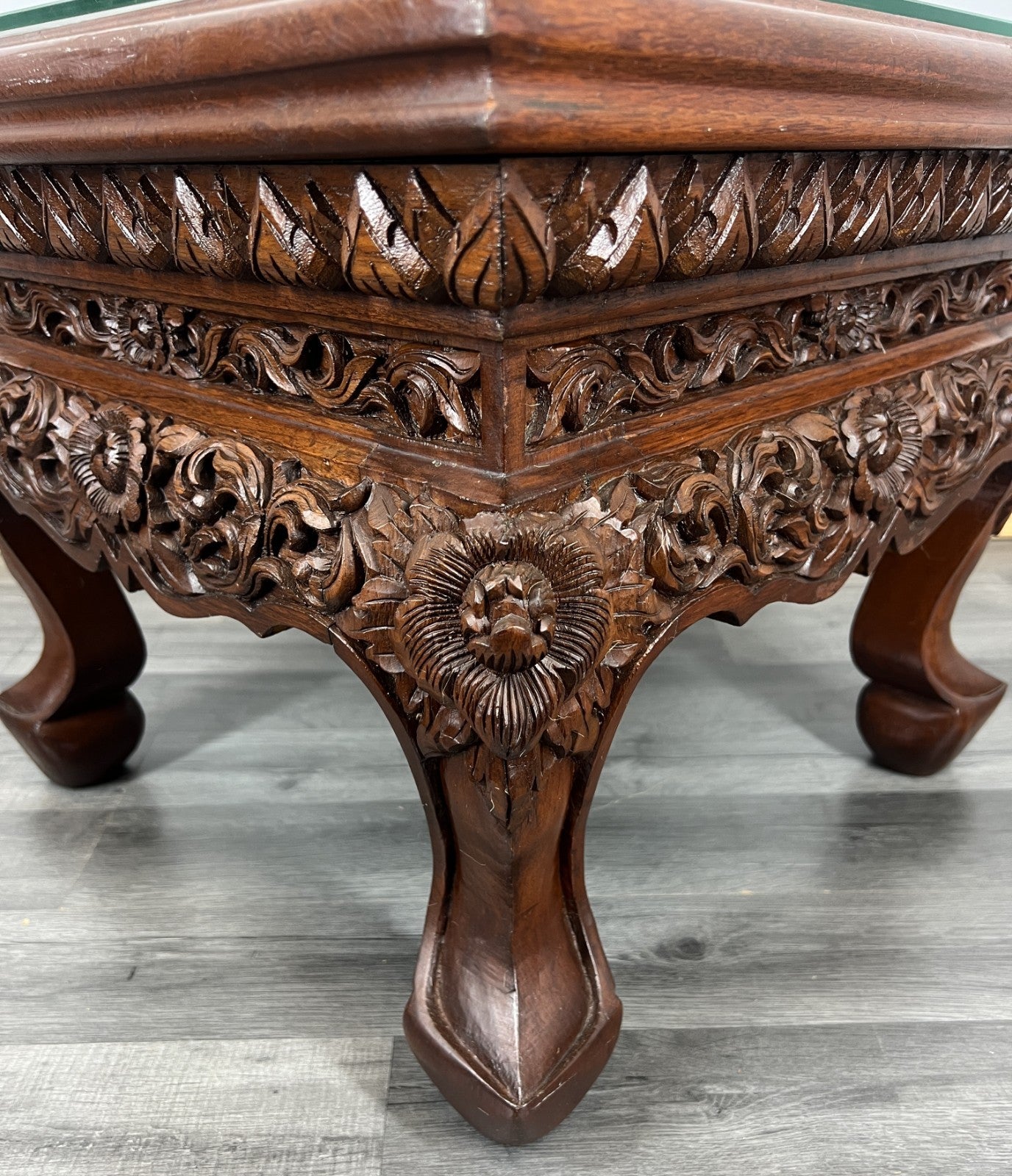 Plant Stand Coffee Table Chinese Mahogany Hand Carved Design Glass Top LOT 43276