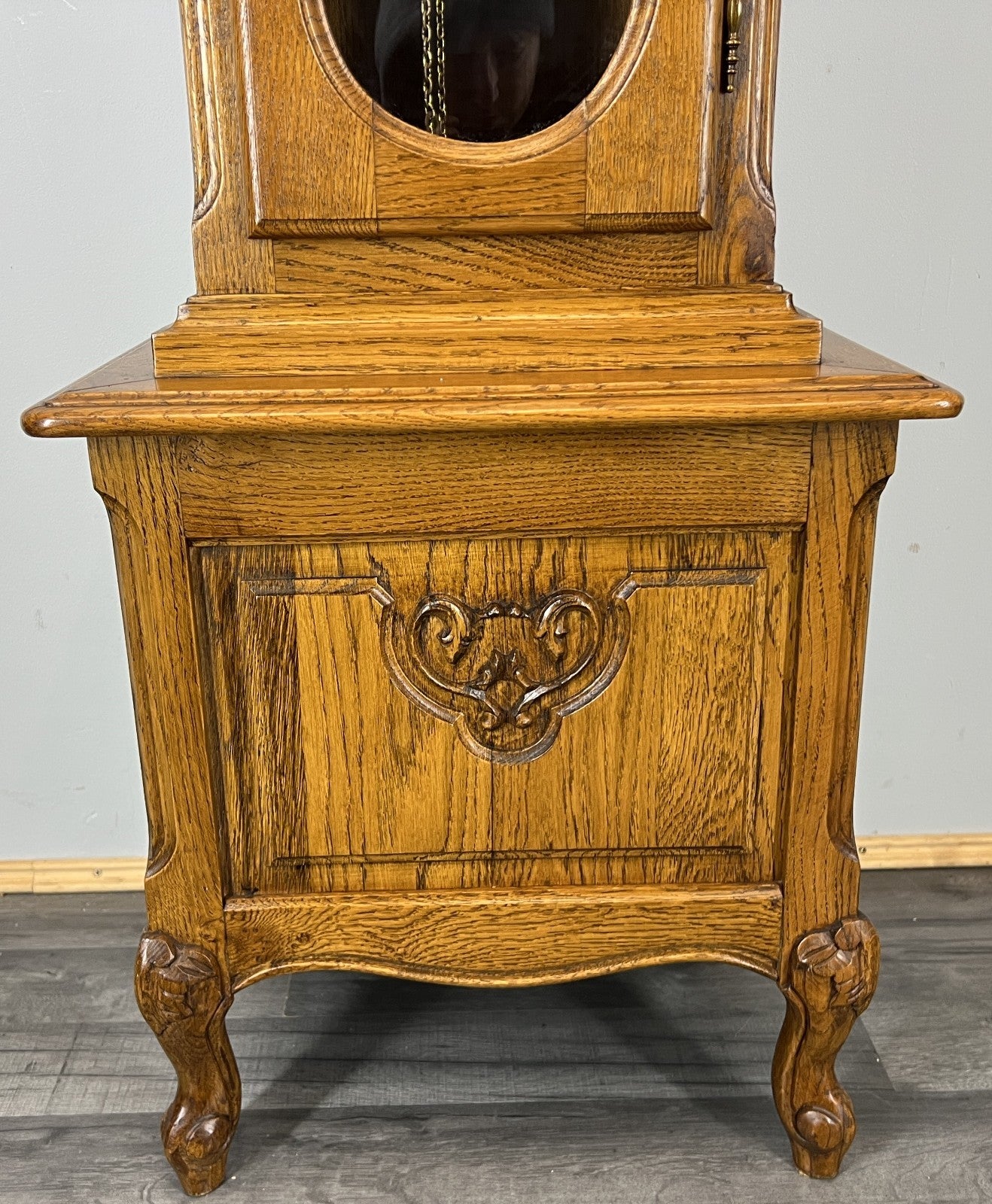 Clock Vintage French Louis Oak Longcase Grandfather Brass Dial Weights LOT 44704