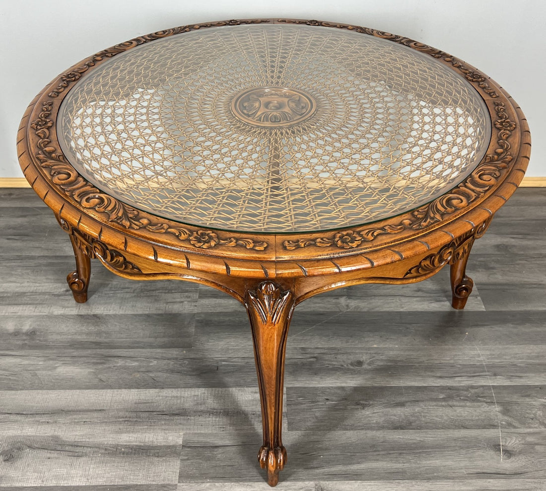 Coffee Table Vintage French Louis XIV Glass Top Ornate Cane Round Table LOT 39410
