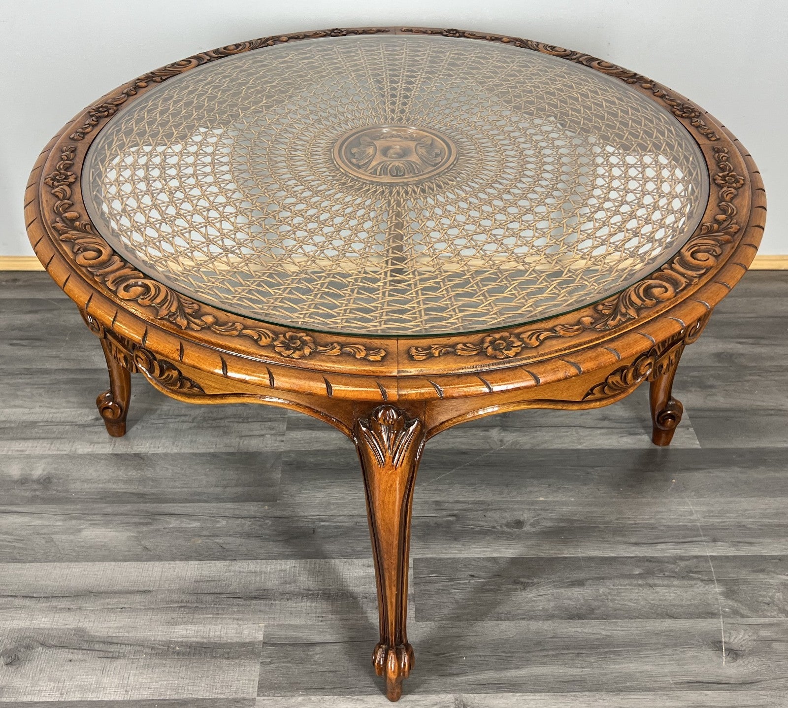 Coffee Table Vintage French Louis XIV Glass Top Ornate Cane Round Table LOT 39410
