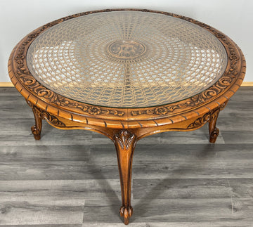 Coffee Table Vintage French Louis XIV Glass Top Ornate Cane Round Table LOT 39410