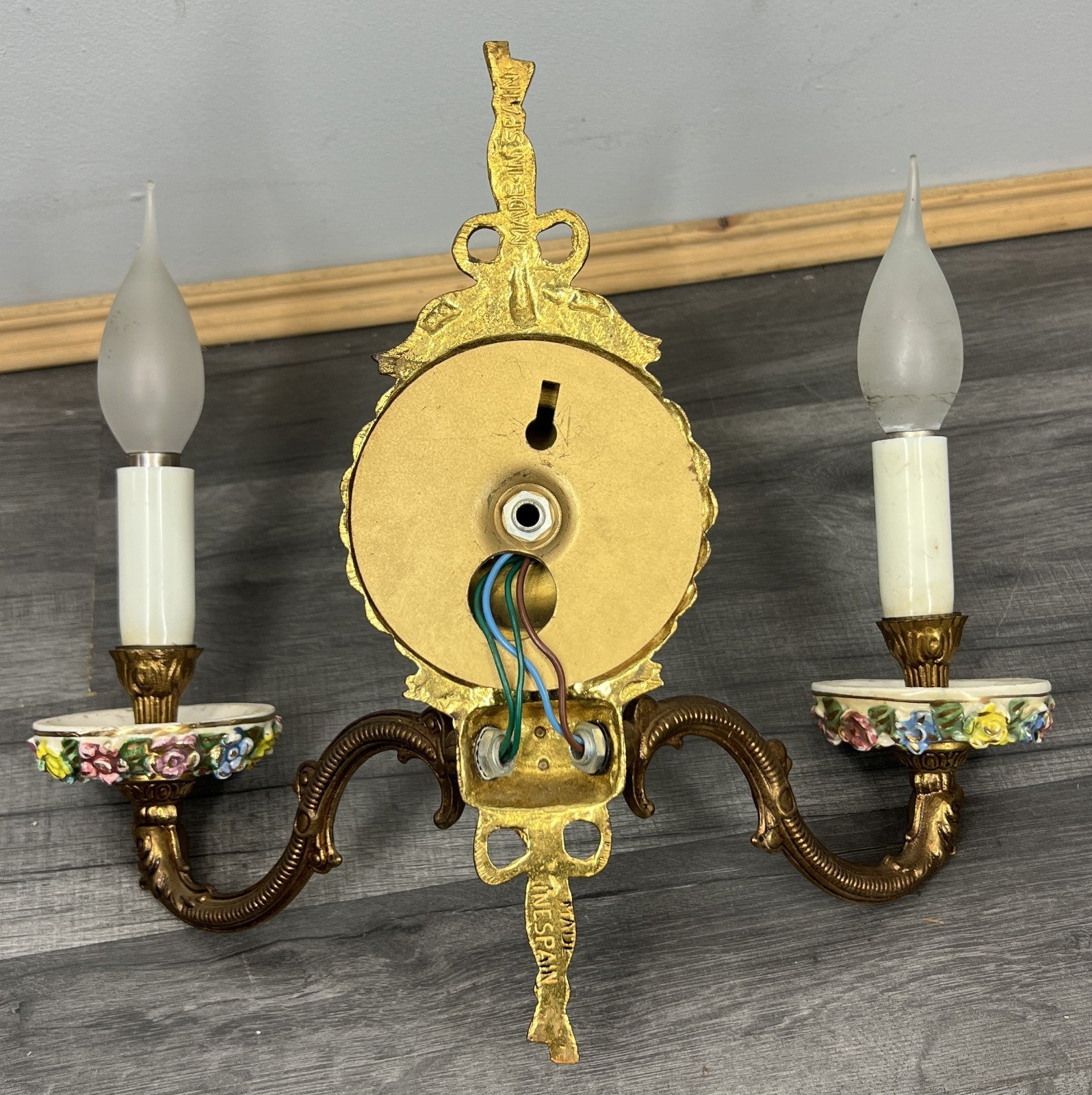 Pair of Wall Lights Vintage Spanish Porcelain Brass Floral Sconces LOT 441510