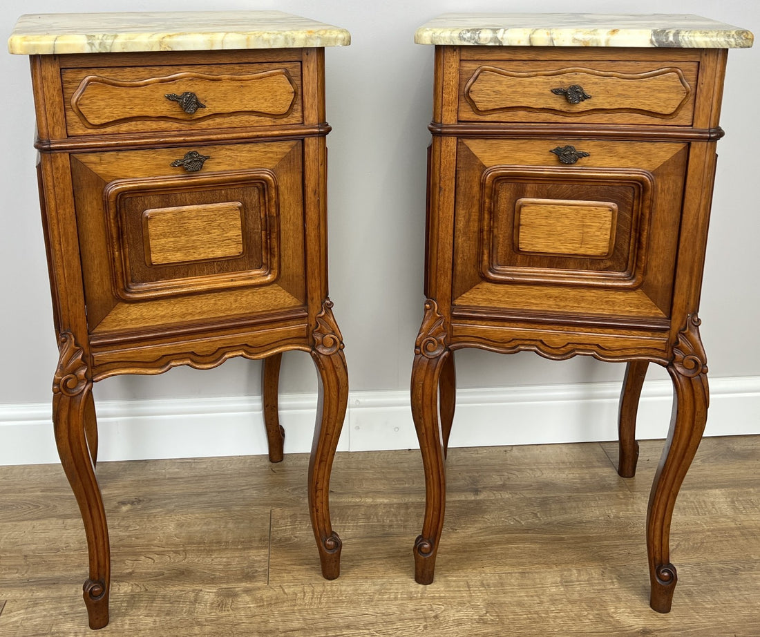 Pair of  Bedside Tables Antique French Louis Walnut Marble Top Cabinets LOT 48940