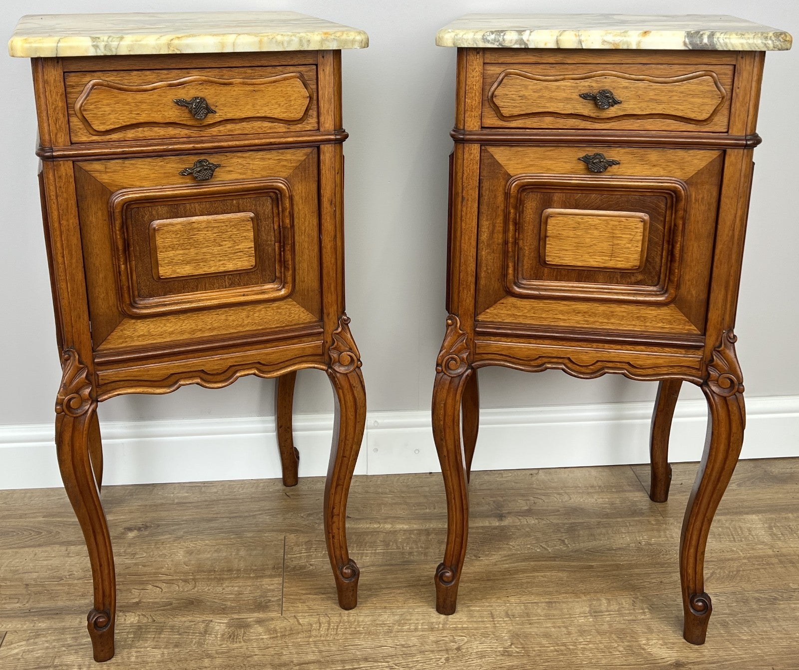 Pair of  Bedside Tables Antique French Louis Walnut Marble Top Cabinets LOT 48941