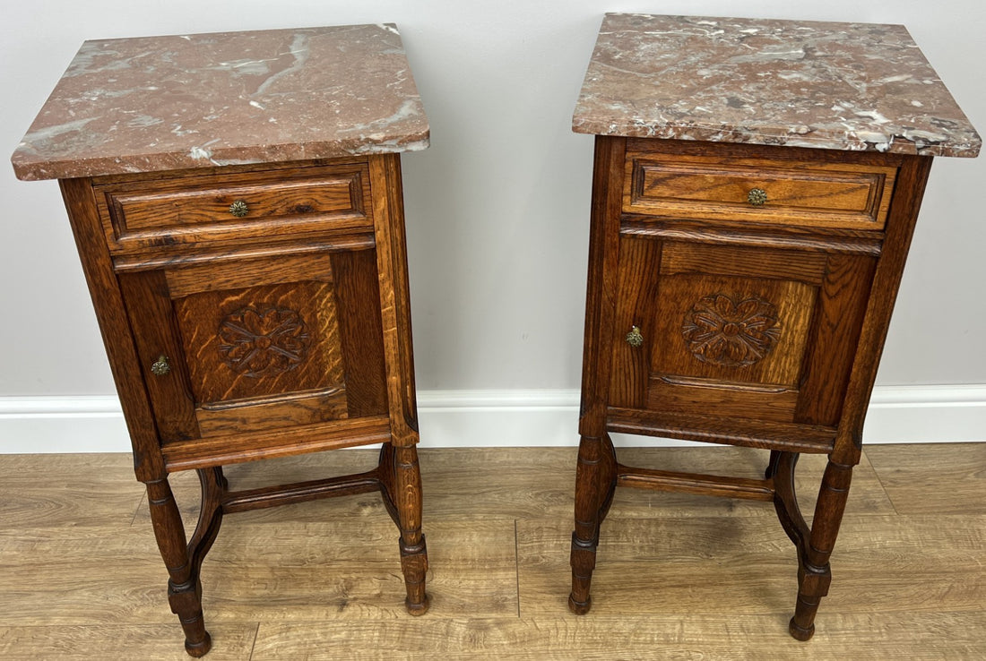 Pair of Bedside Tables Antique French Marble Top Carved Oak Cabinets LOT 49260