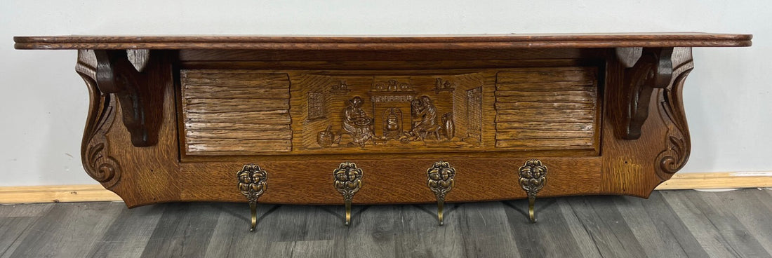 Coat Rack Antique French Carved Oak Wall Mounted 4 Hook Rack Hanger LOT 31080